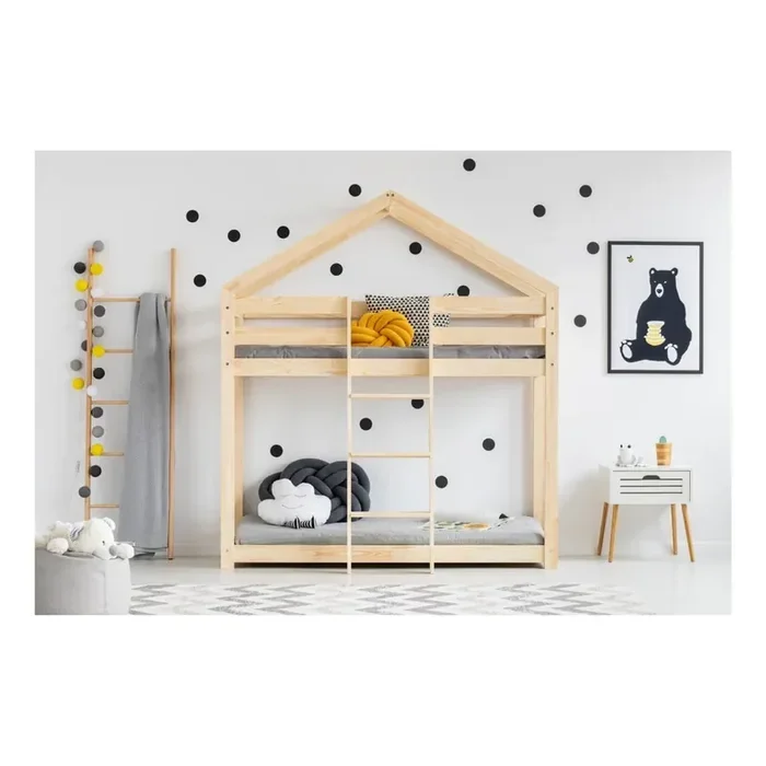 AdekoLetto da bambini80x140 cm, a forma di casa/a castello, con rete inclusa, in pino massiccio, trattamento della superficie nessun trattamento/trattamento della superficie spazzolatura, marrone
