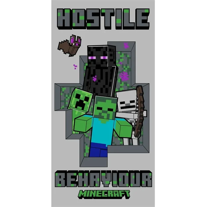 Asciugamano per bambini Minecraft Hostile Behaviour In cotone, grigio, 70×140 cm