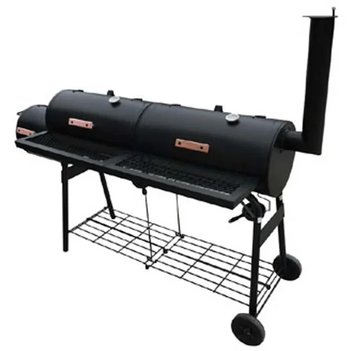Barbecue con Affumicatore Nevada XL Nero Manici Legno Ruote e 2 ripiani