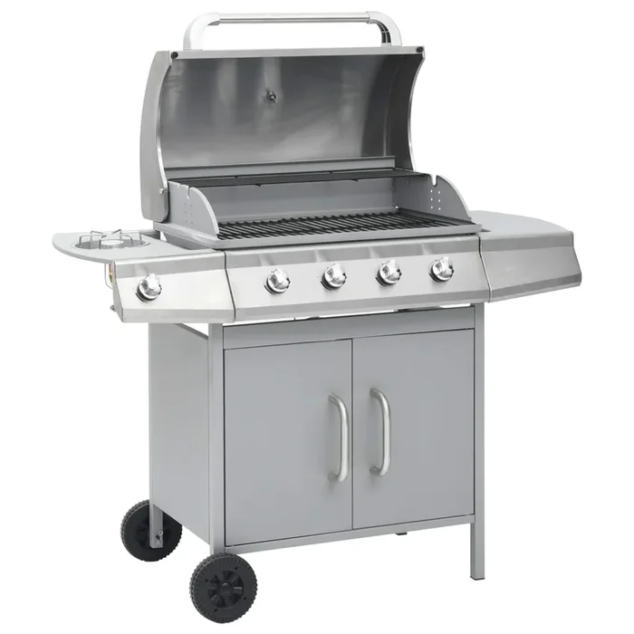 Barbecue e Griglia a Gas 4+1 Fornelli Argento Acciaio Inox Termometro Integrato