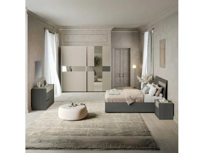 Camera da letto Tania grigio e talco armadio scorrevole con specchi e letto contenitore in legno