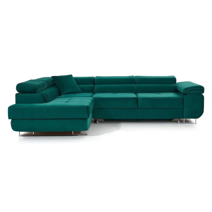 Divano angolare Anton Con rivestimento in velluto, reclinabile/allungabile/con contenitore, con penisola a sinistra/a L, verde, a tre posti, larghezza totale 275 cm