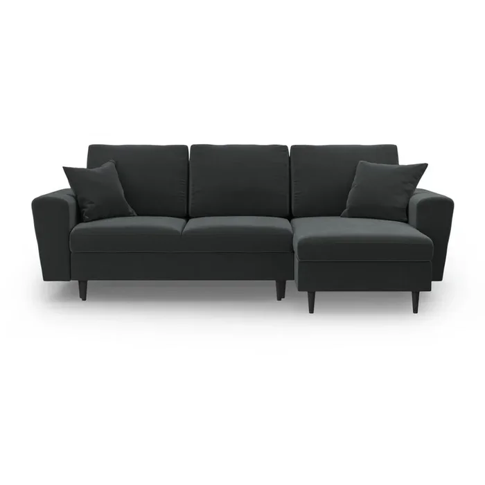 Divano angolare Kyoto Con rivestimento in velluto, allungabile/con contenitore, con penisola a destra/con penisola a sinistra/con composizione variabile/con chaise lounge, grigio scuro, a tre posti, larghezza totale 241 cm
