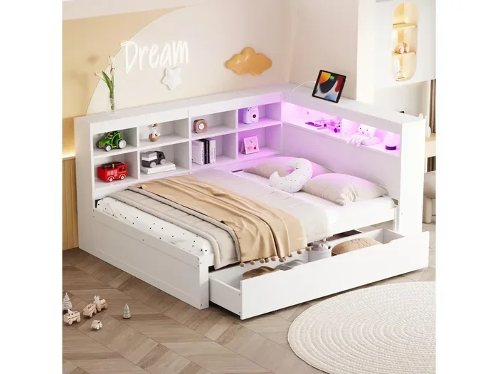 Divano letto 140×200 cm, cassetti extra-large, USB, LED, ripiani, scomparti, legno massello, bianco (222,3x165x92 cm)