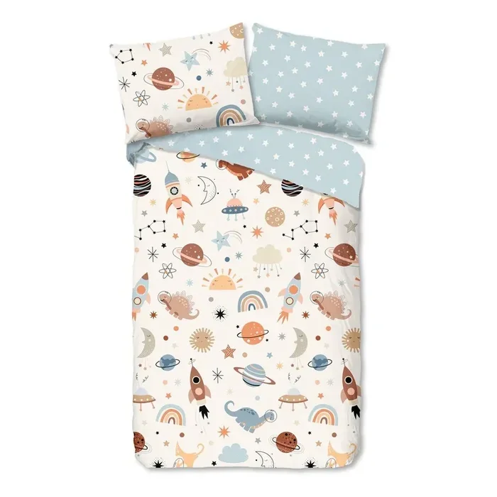 Good MorningSet copripiumino e federa da bambini EclipsPer letto singolo, reversibile, con chiusura con cerniera, blu/beige, in cotone, 140×200 cm