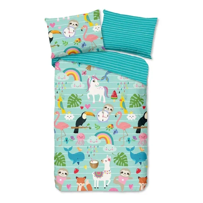 Good MorningSet copripiumino e federa da bambini FestenPer letto singolo, reversibile, con chiusura con cerniera, blu, in cotone, 140×200 cm