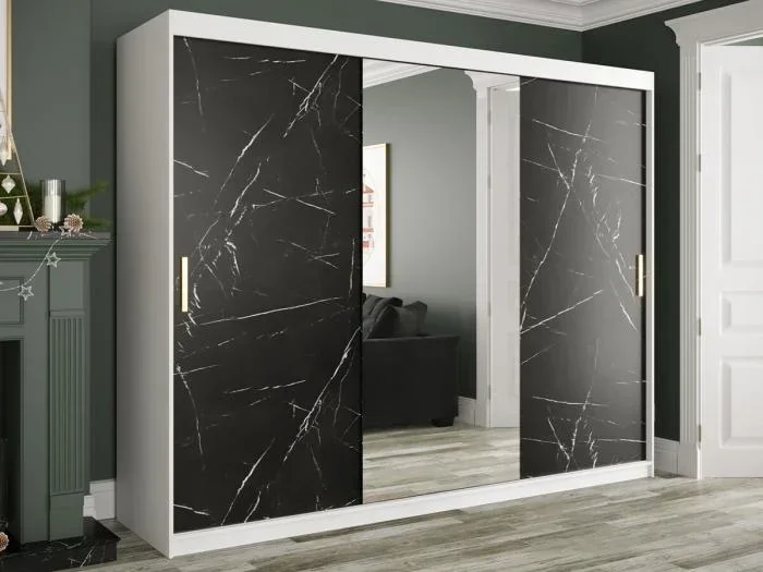 Guardaroba Hartford 257, Opaca bianco|Marmo nero, 200x250x62cm, Numero di ripiani: 7.00