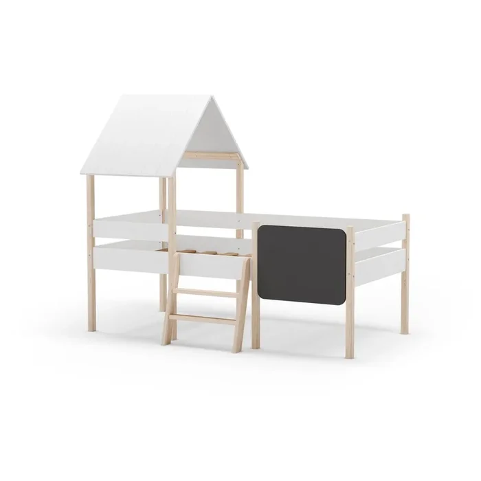 Letto da bambini Mint 90×190 cm, a forma di casa/rialzato, senza testiera, con rete inclusa, in pino massiccio, trattamento della superficie: laccatura/trattamento della superficie: ceratura, bianco