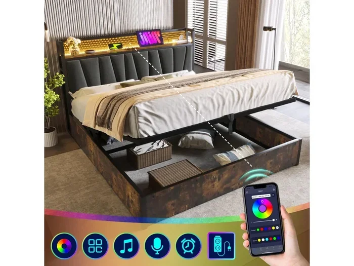 Letto matrimoniale in metallo con LED RGBW, controllo tramite app, USB e prese, lino grigio (166x222x99cm)