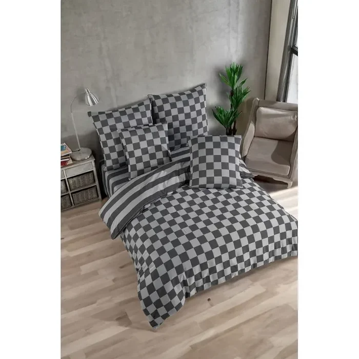 MijolnirSet copripiumino e federa KareliPer letto matrimoniale, con chiusura con bottoni, di lusso, in tessuto damascato, con fantasia a cubi, color antracite, 200×200 cm