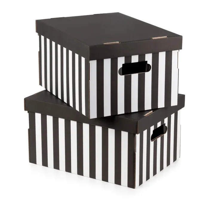 Scatole in set Stripes 2 pz, con coperchio, in cartone, nere, 31x40x21 cm