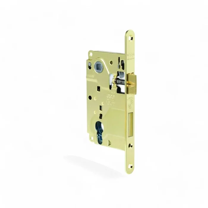 serratura per porte interne a filo o battente con foro cilindro quadro maniglia mm8 interasse mm85 bordo tondo ottonato