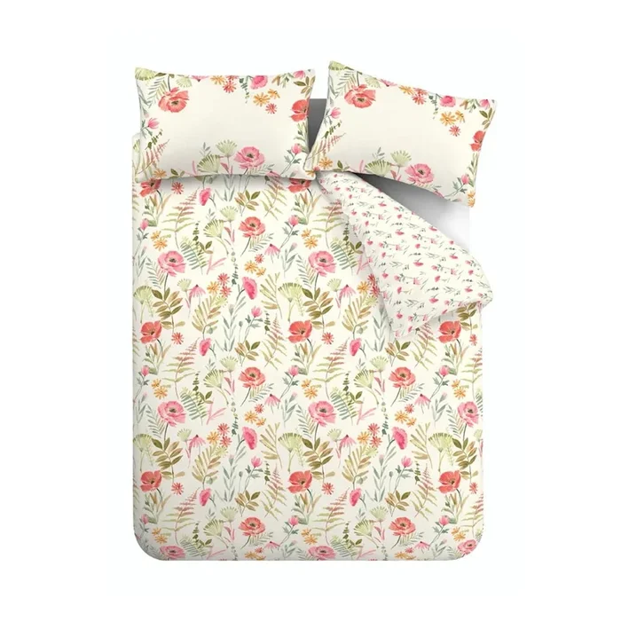 Set copripiumino e federa Ella Poppy Per letto matrimoniale, con chiusura con bottoni, reversibile, a fiori, color crema, 200×200 cm