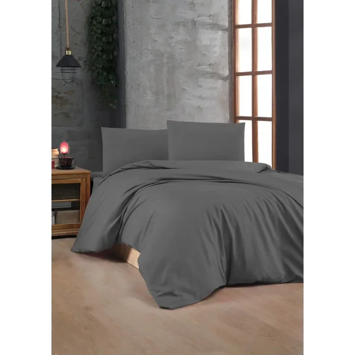 Set copripiumino e federa Per letto singolo, con chiusura con bottoni, di lusso, in cotone renforcé, color antracite, 140×200 cm