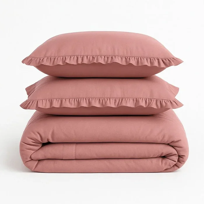 Set copripiumino e federa Ruffle Striped Per letto matrimoniale/per letto esteso, con chiusura con bottoni, in cotone renforcé, rosa, 240×220 cm
