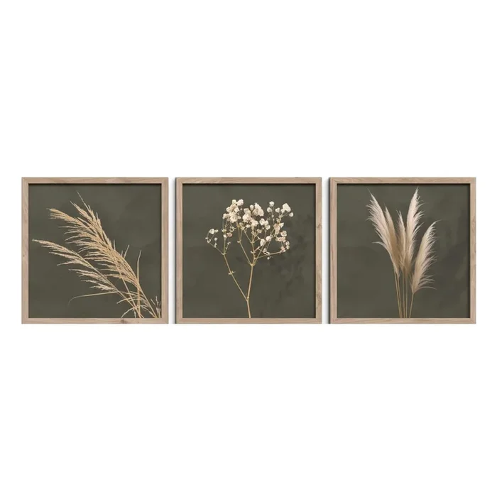 Set di dipinti Pampas 30×30 cm, 3 pz, stampati, con cornice inclusa