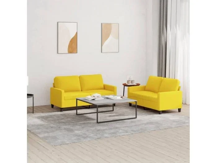 Set di Divani 2 pz con Cuscini Giallo Chiaro in Tessuto