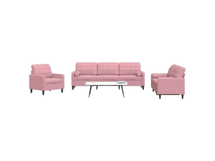 Set di Divani 3 pz con Cuscini e Rinforzi rosa in Velluto