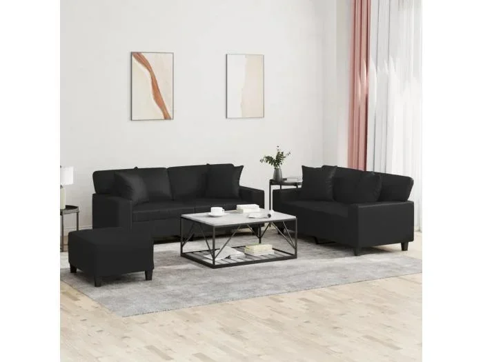 Set di Divani 3 pz con Cuscini Nero in Similpelle