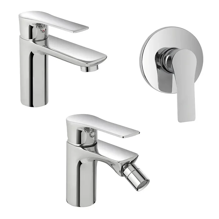 Set miscelatori lavabo bidet e doccia Flat con piletta click clack