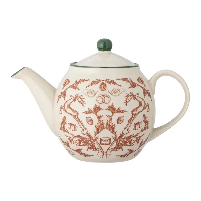Teiera Beth 900 ml, in ceramica, a tema natalizio, color crema